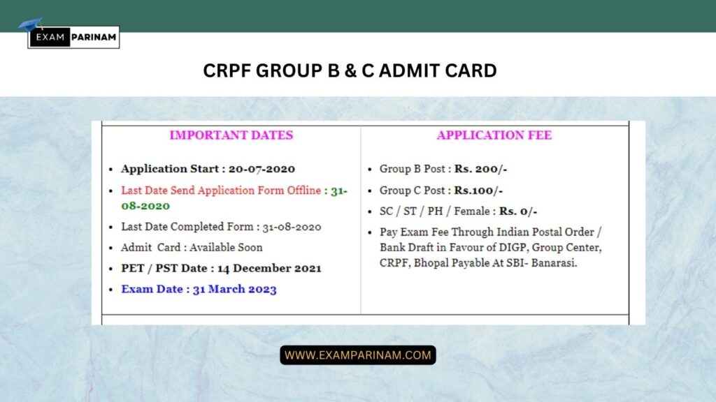 CRPF Group B & C Admit Card